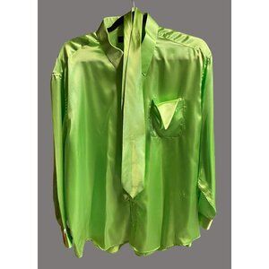 Daniel Ellissa Mens Green Satin Dress Shirt With Matching Tie and Pocket Square